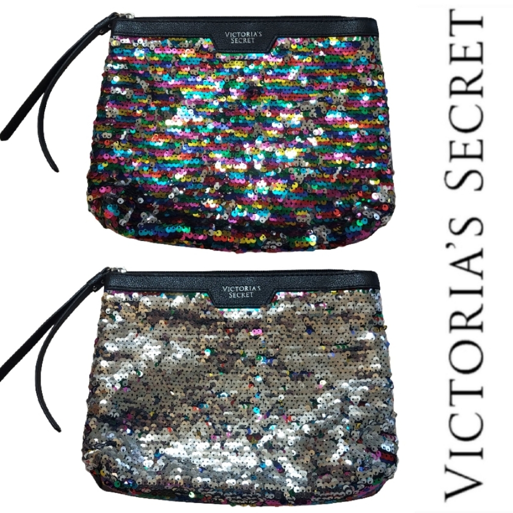 Victoria's Secret Faux Leather Rainbow Flip Sequin Cosmetic Bag NWOT